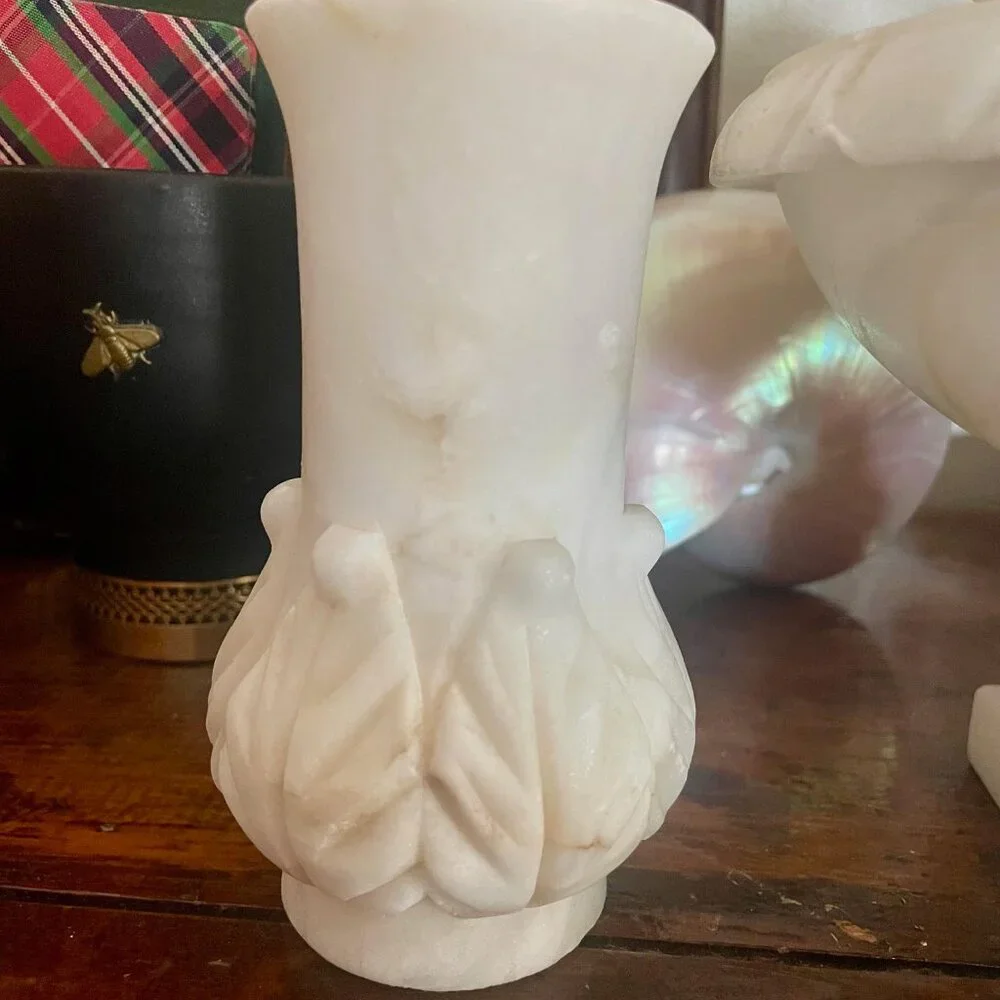 Vintage Hand-Carved Alabaster Vase Creamy White Stone Decorative Urn Leaf Design - Picture 2 of 10